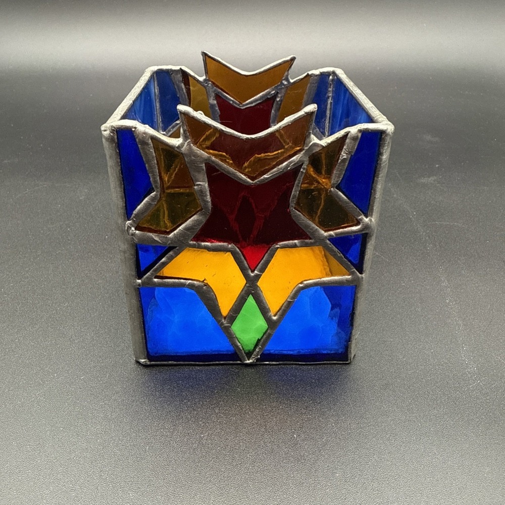 Vintage Stained Glass Votive Candle Holder Box Multi Color MCM Slag Glass stars